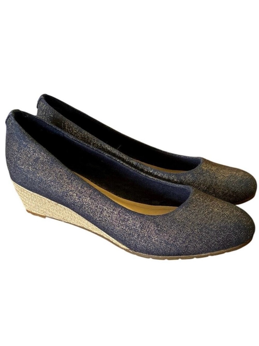 Clarks Mallory Luna Wedge Heel Shoes Navy Textile Gold Shimmer Size 9.5 Wide